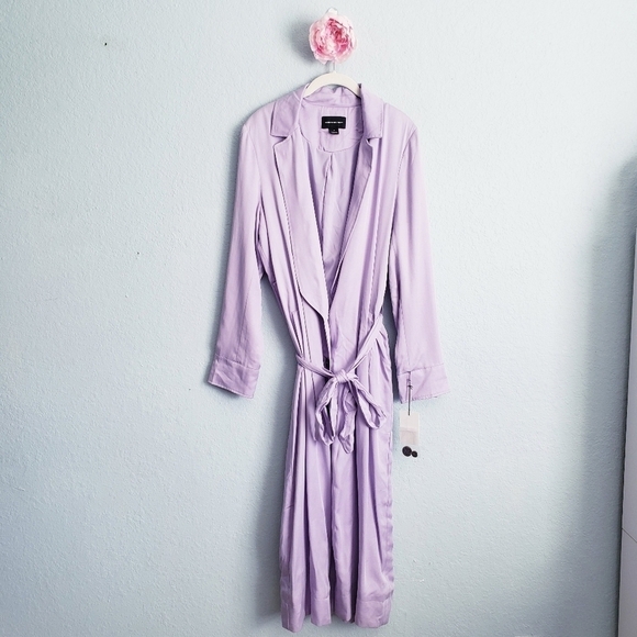 Something Navy Lilac Purple Elongated Collar Belted Trench Coat - Picture 2 of 12